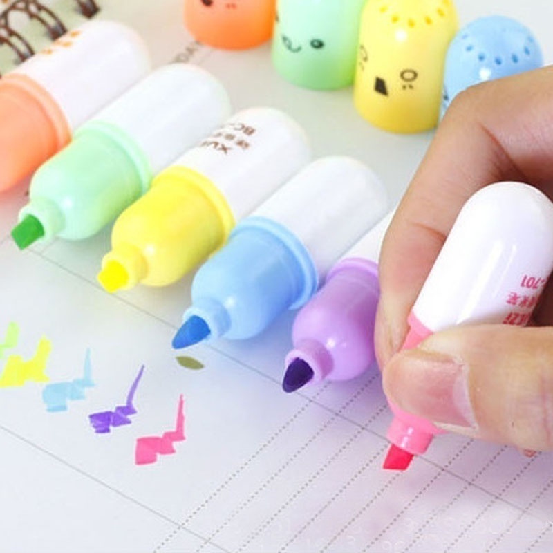 Zonon 12 Pieces Mini Pill Shaped Highlighter Pens Cute Face Graffiti Marker  Pens Girls Stationery Kawaii Pens for Students Office School Home