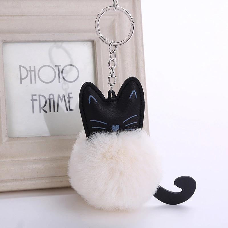 KeyChain Black and White with Black or Gray Pom Pom