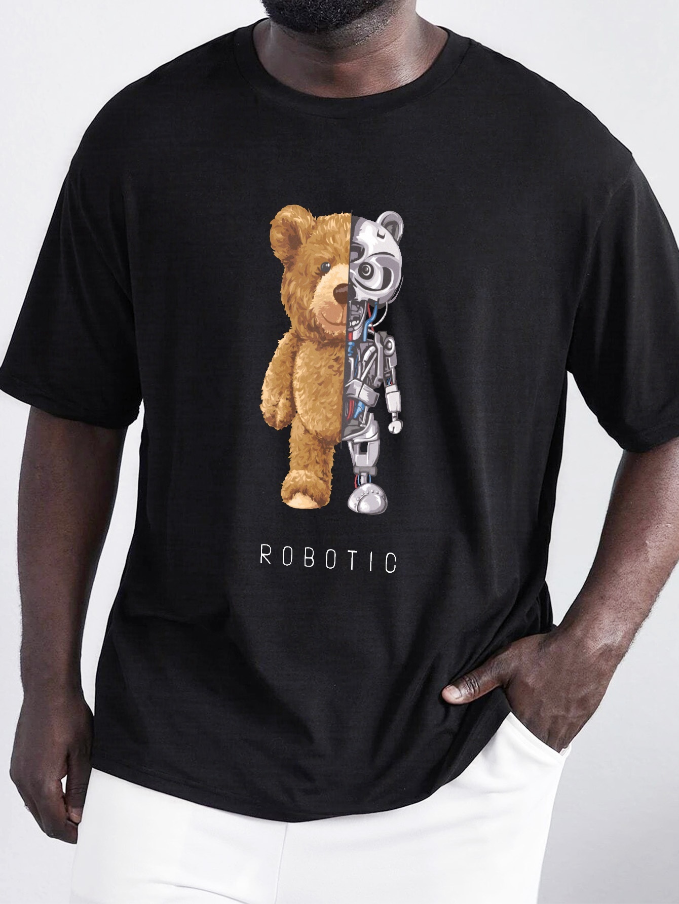 Men's Robot Bear Print T-shirt, Trendy Graphic Tee For Summer - Temu