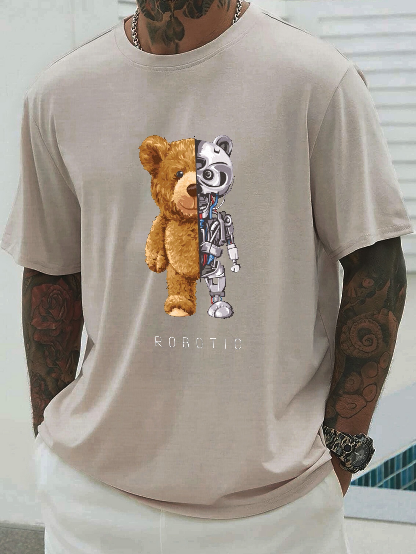 Men's Robot Bear Print T-shirt, Trendy Graphic Tee For Summer - Temu