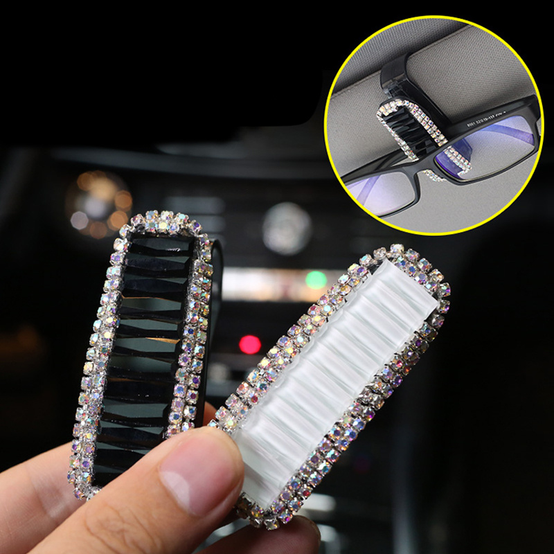 Soporte para gafas de sol para parasol de coche, paquete de 2 soportes para  gafas, soporte para gafas para coche con diamantes de imitación brillantes,  clip para tarjeta de entrada de cristal