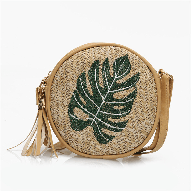 Flower Graphic Circle Straw Bag, Vintage Shoulder Beach Bag