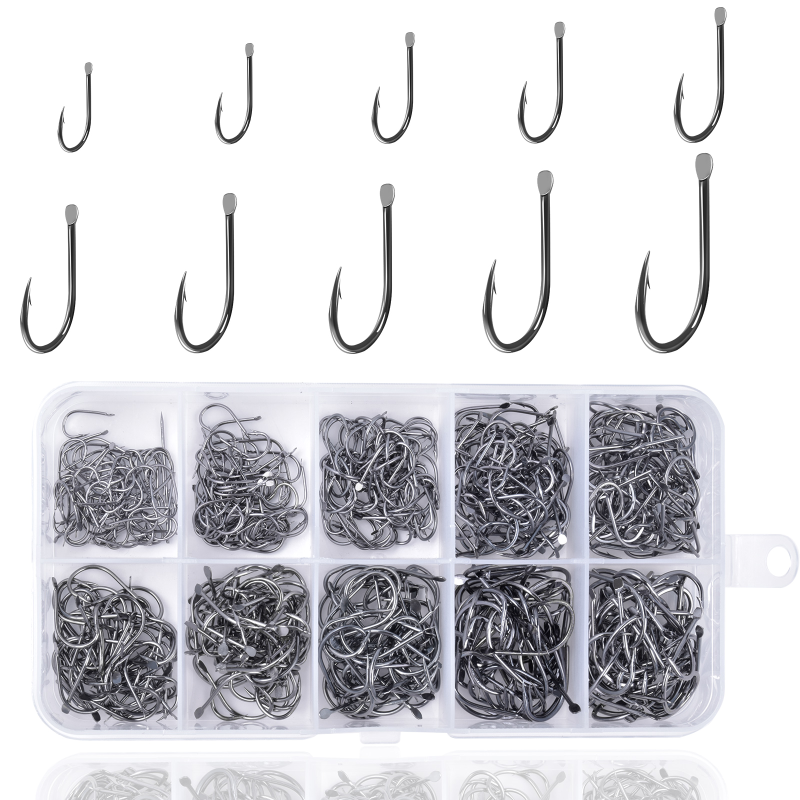500PCS Premium Fishhooks, 10 Sizes Reemoo Carbon Steel Fishing Hooks W/  Portable Plastic Box, Strong Sharp Fish Hook With Barbs For  Freshwater/Seawate