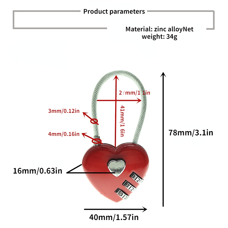 Candado de bloqueo TSA en forma de corazón para mochila maleta de viaje rojo