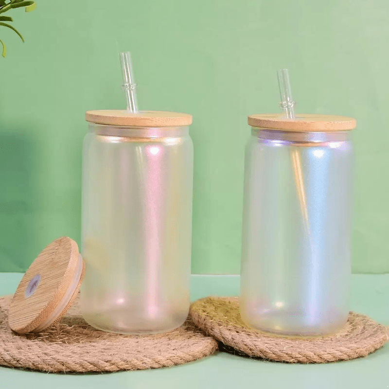 Sublimation Glass Tumblers With Bamboo Lid And Straw, Gradient Color Can  Shaped Glasses With Lid And Straw, Cute Glass Cup With Bamboo Lid And  Straw, Iced Coffee Cups & Beer Glasses 