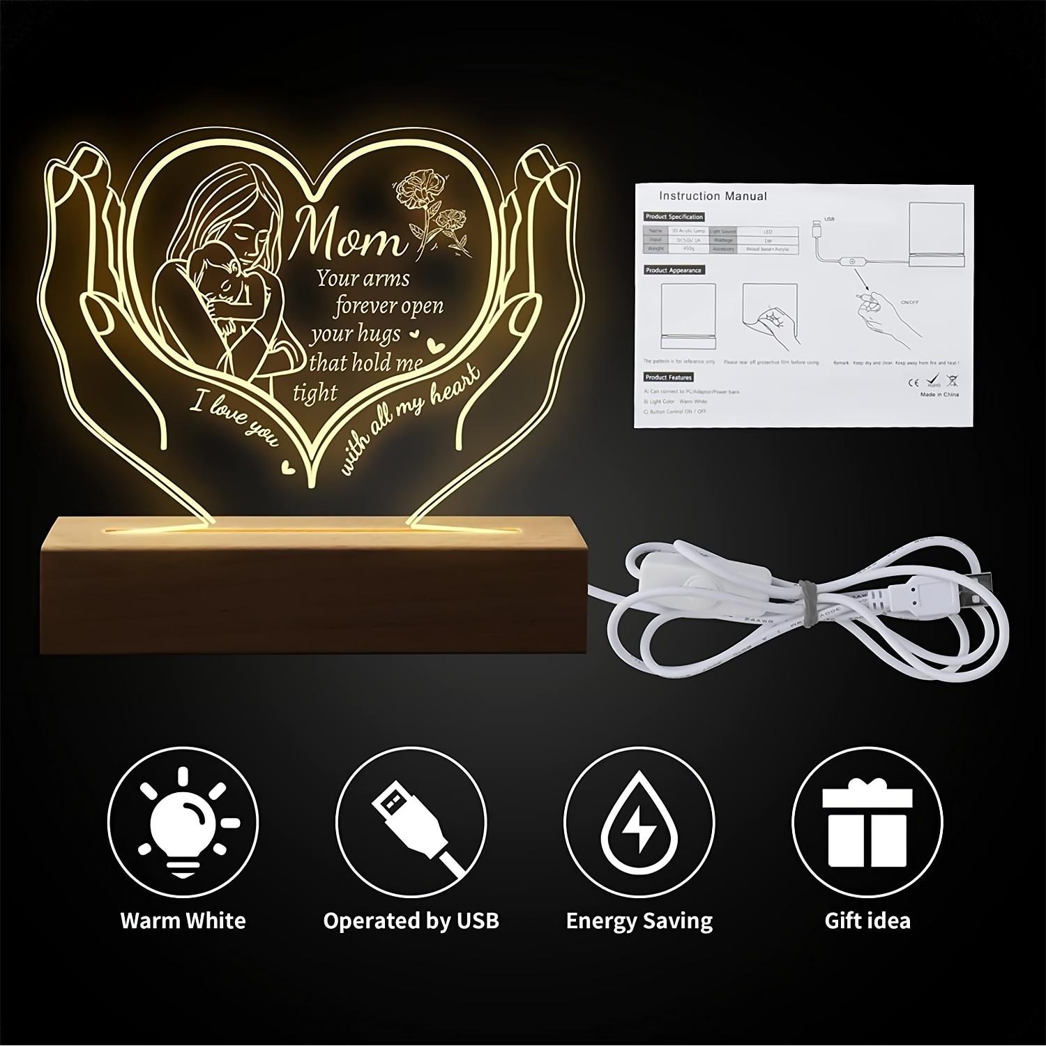 1pc, Wooden Stand Heart Shape Led Engraved Night Light for Mom,  Thanksgiving Gifts, Christmas Gifts, Special Gifts