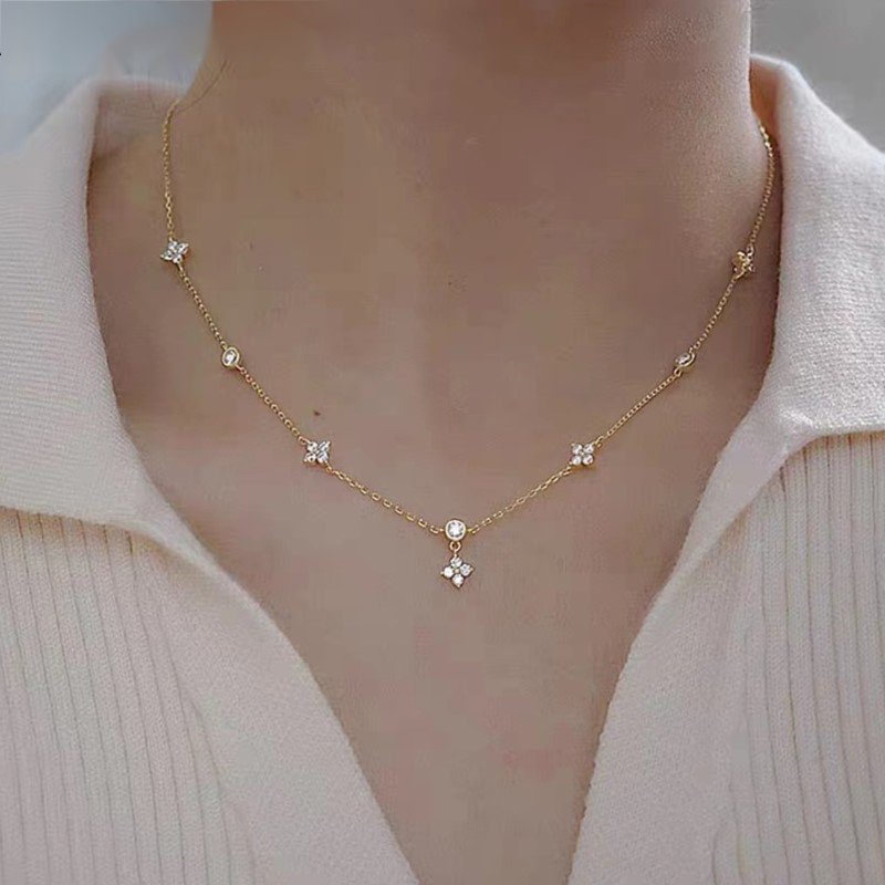 

Four-leaf Clover & Round Shape Zircon Chain Necklace For Women Luxury Collar Choker Accessories