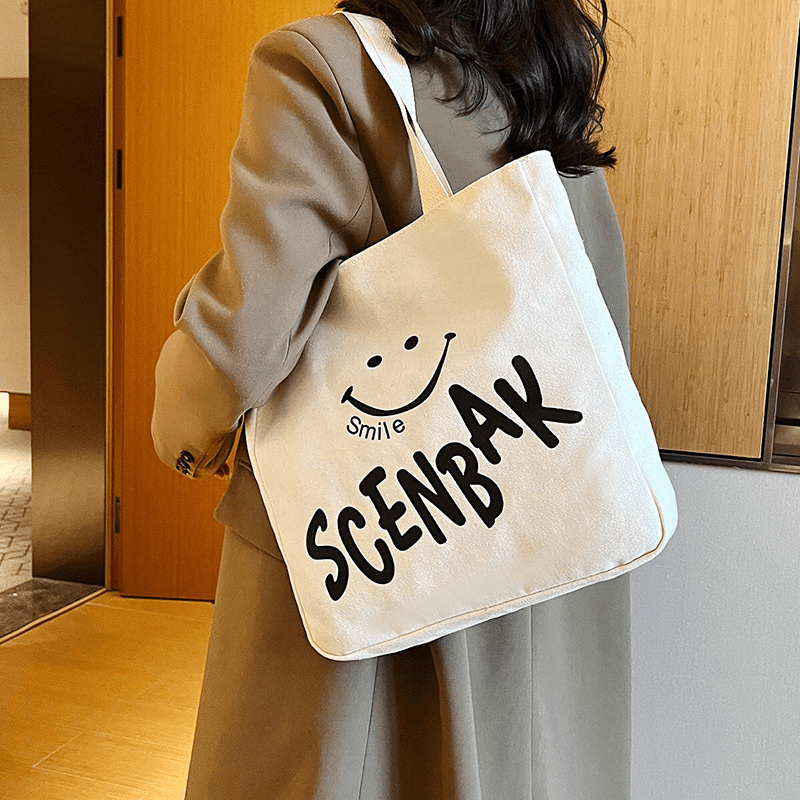 Smile Face Print Canvas Tote Bag, Large Aesthetic Shoulder Bag, Reusable  Shopping Bag & Travel Bag - Temu