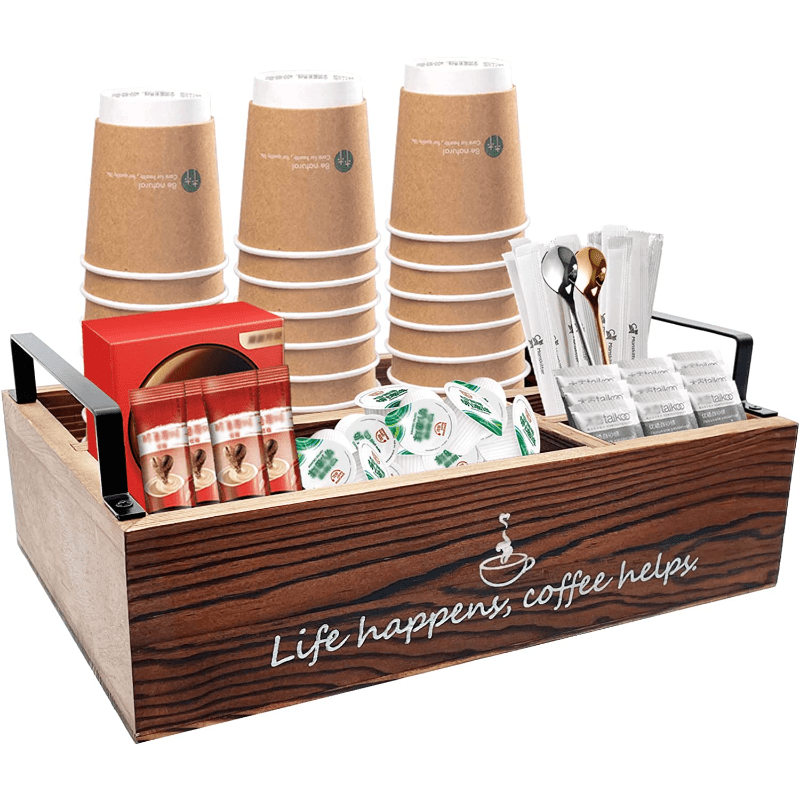 Coffee Bar Accessories Organizer Countertop, Wood Coffee Station Organizer  with Handle, K Cup Storage Basket Coffee Pod Holders with Drawer, Farmhouse