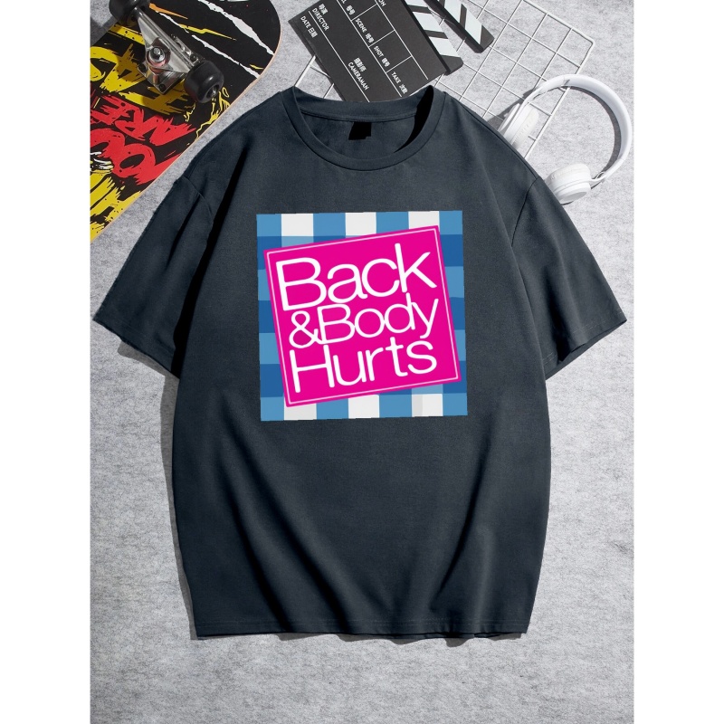 

Plus Size "back & Body Hurts" Men's Casual Trendy Graphic Print Comfortable Crew Neck Short Sleeve T-shirts, Summer Oversized Loose Tees