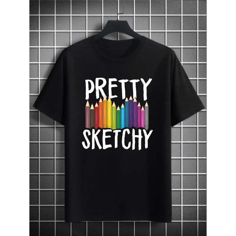 

Plus Size "pretty Sketchy" Men's Casual Trendy Graphic Print Comfortable Crew Neck Short Sleeve T-shirts, Summer Oversized Loose Tees