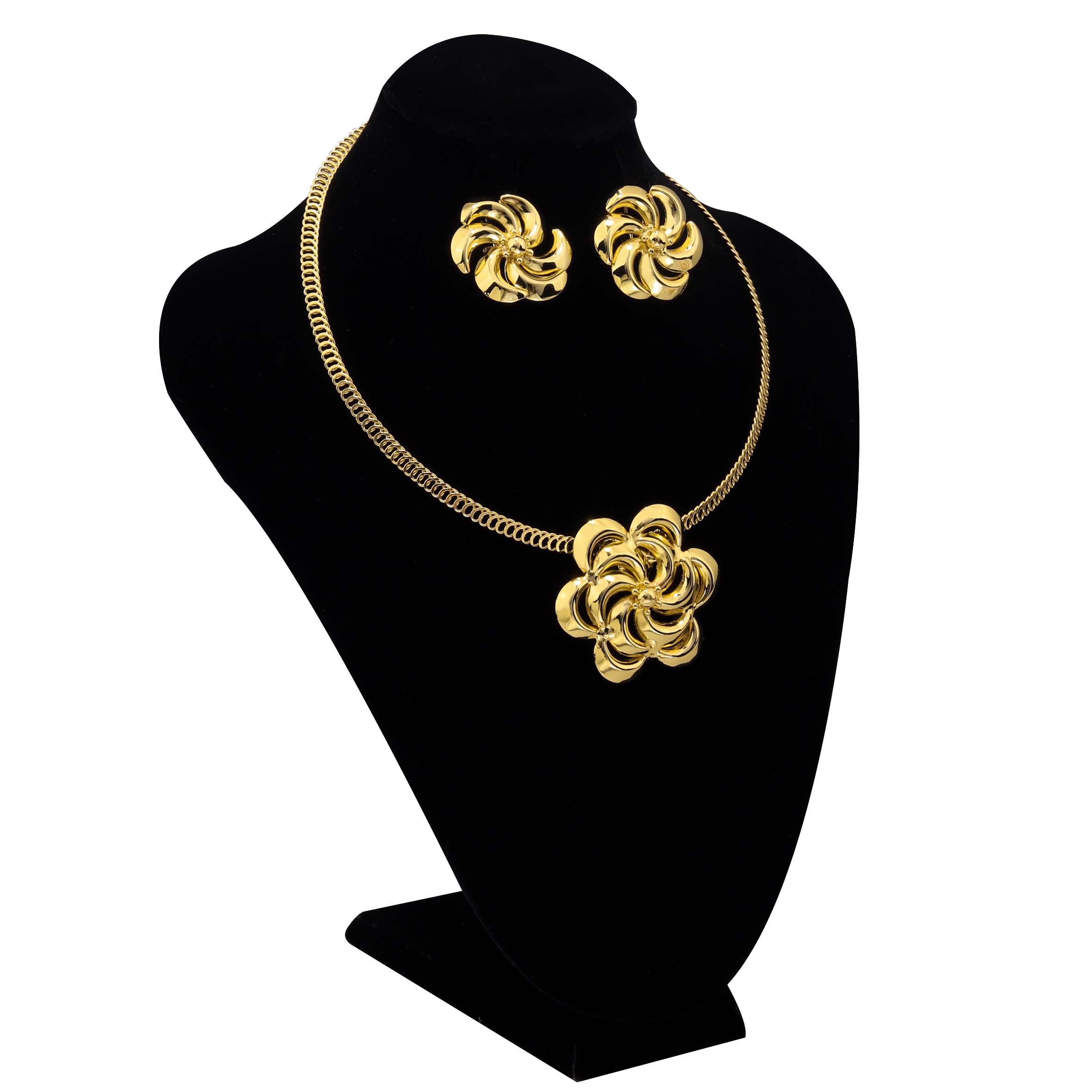 Luxurious 24k Gold Plated Big Flower Necklace Earrings Jewelry Set