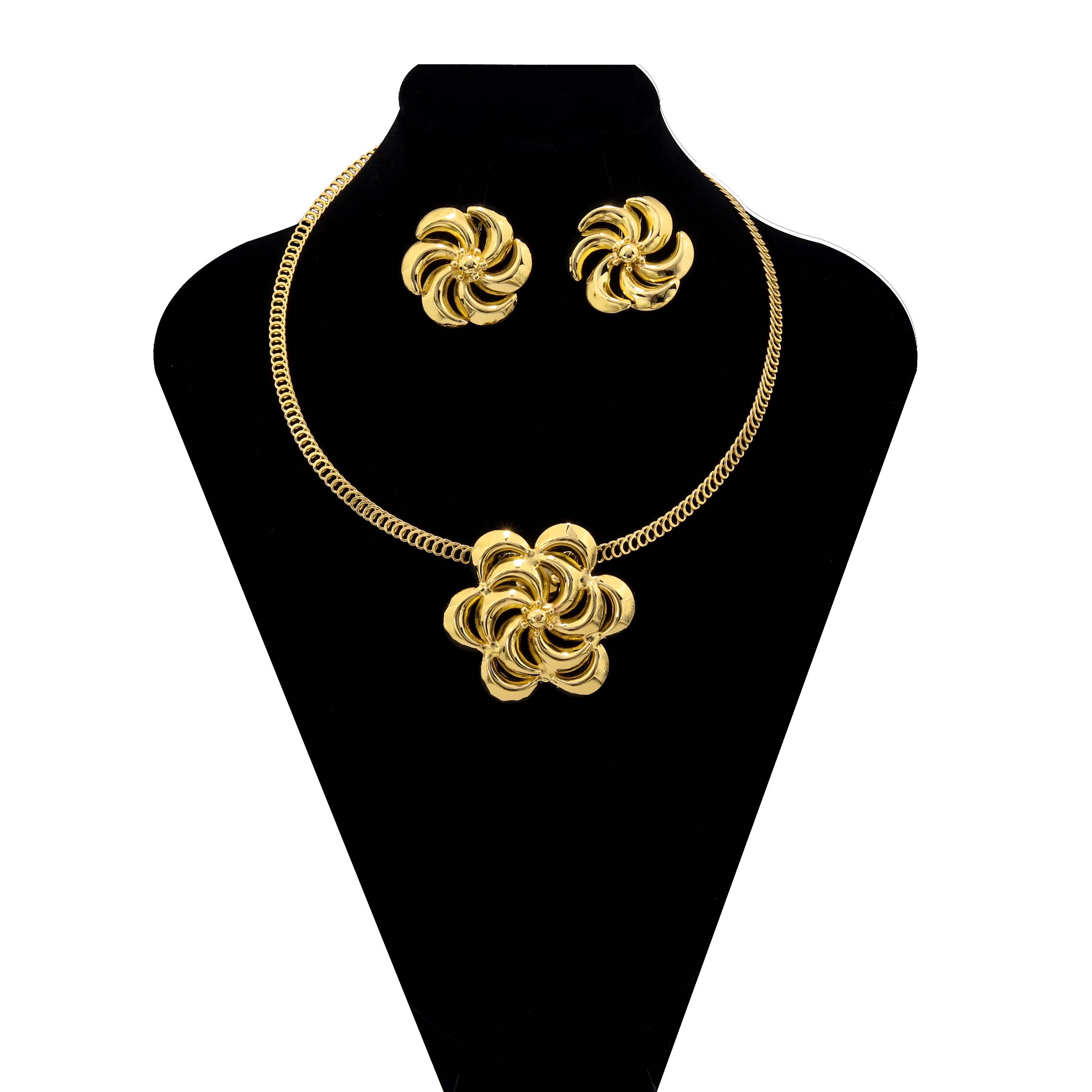 Luxurious 24k Gold Plated Big Flower Necklace Earrings Jewelry Set