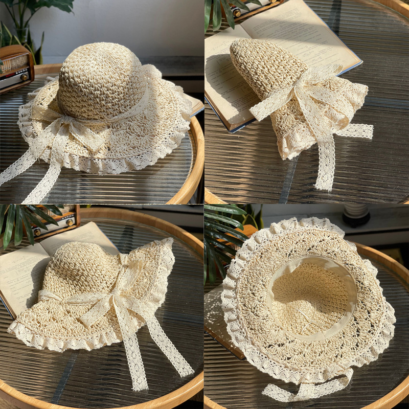 Lace Up Hollow Straw Hat Wide Brim Lace Elegant Crochet Sun Hat Breathable  Sunscreen Straw Hats Travel Beach Hats