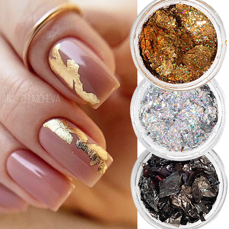 Golden/silvery Nail Foil Flakes For Diy Or Nail Salons - Temu