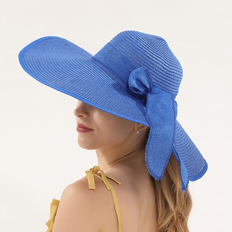 Large Brim Elegant Floppy Hat, Bow Decor Foldable Beach Sunshade Straw Hat, Women's Caps & Hats