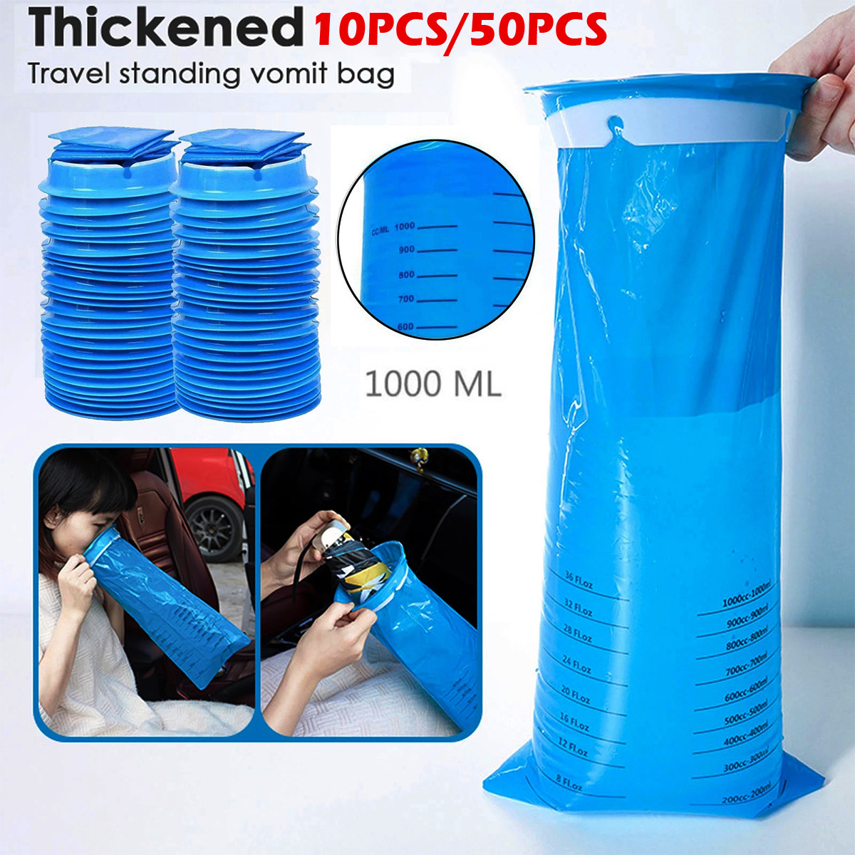 10pcs 50pcs 1000ml Emesis Bags Portable Vomit Bags For Kids Adults And Sick People Outdoor Travel Driving Pregnant Women Secure Leak proof Vomit Bag