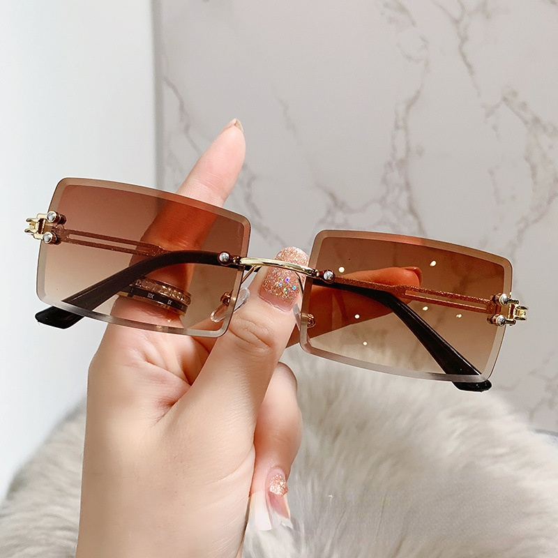 Rectangle Vintage Rimless Luxury Tinted Glasses  Frameless Square Women  Unisex Fashion Sunglasses With Temple Design - Temu