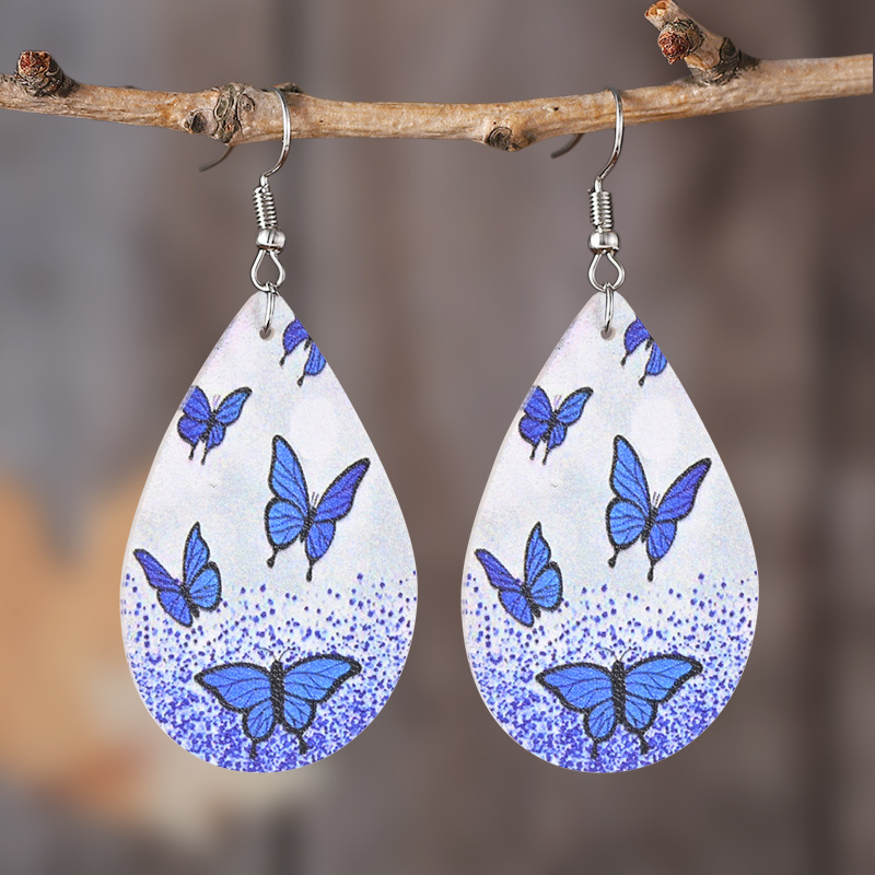 Blue White Butterfly Pattern Teardrop Dangle Earrings