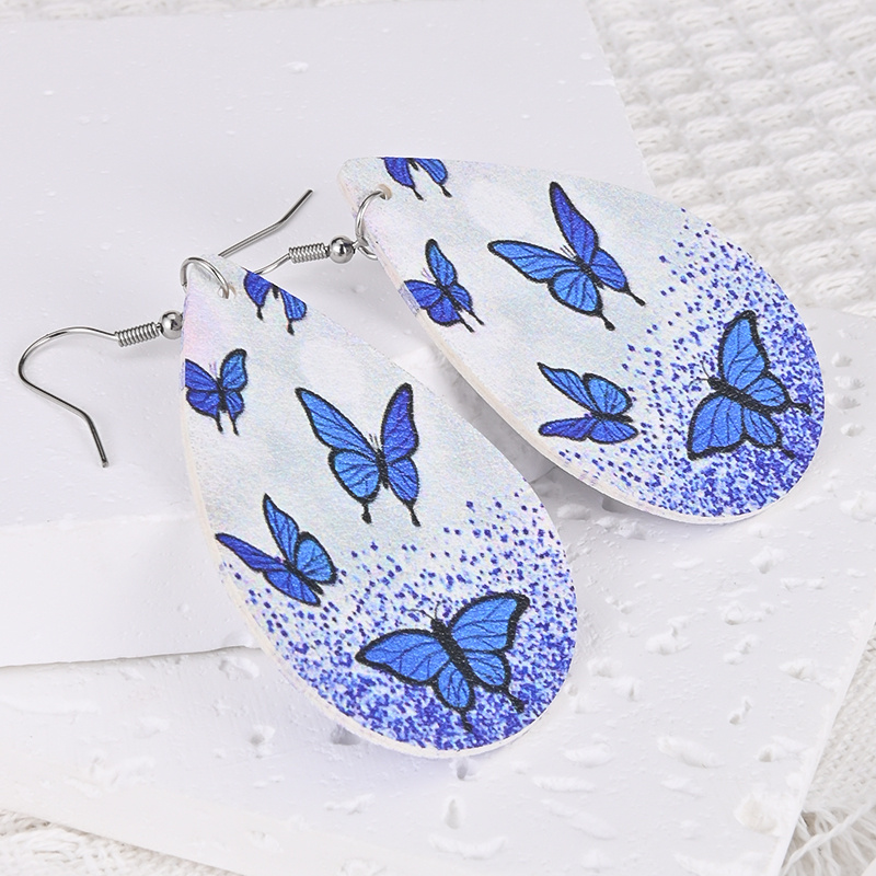 Blue White Butterfly Pattern Teardrop Dangle Earrings
