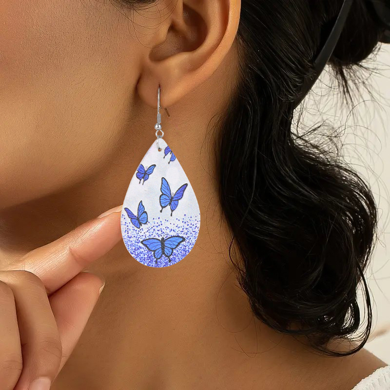Blue White Butterfly Pattern Teardrop Dangle Earrings