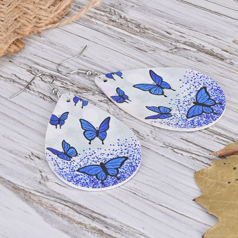 Blue White Butterfly Pattern Teardrop Dangle Earrings