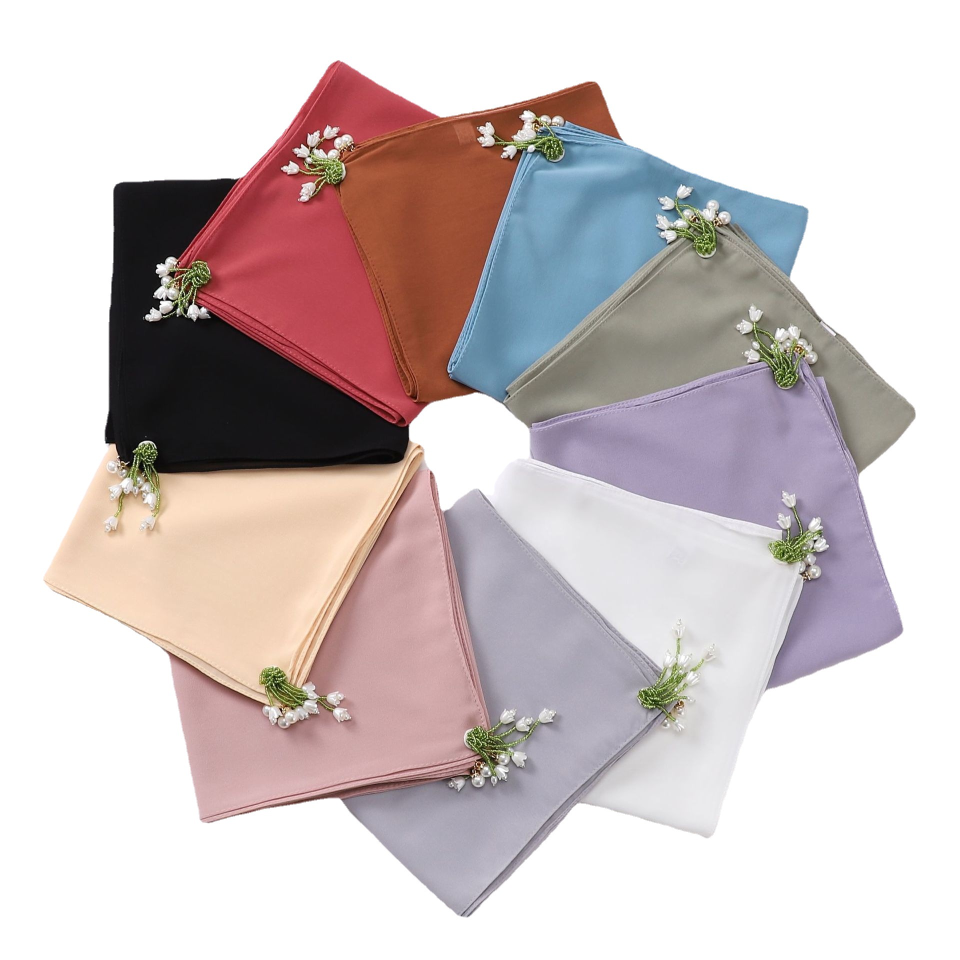 Faux Pearl Tassel Hijab Chiffon Scarf Solid Shawl