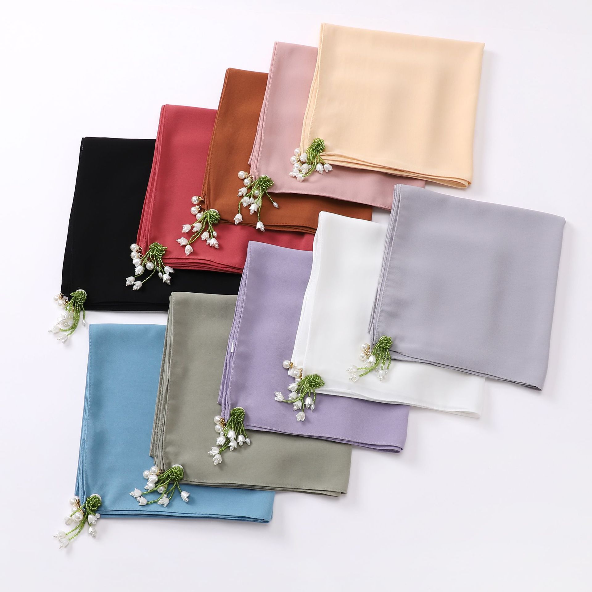 Faux Pearl Tassel Hijab Chiffon Scarf Solid Shawl