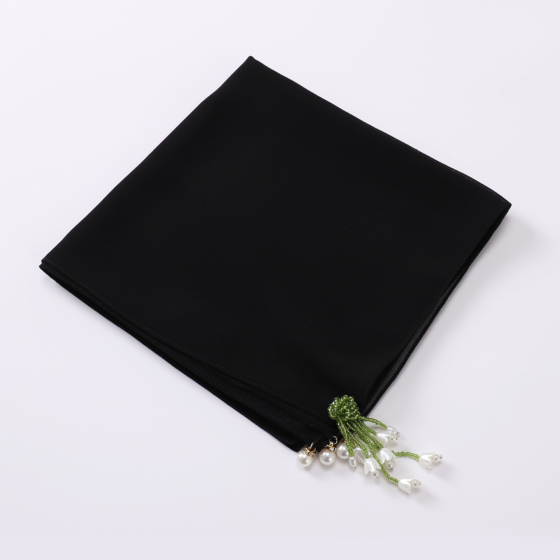 Faux Pearl Tassel Hijab Chiffon Scarf Solid Shawl