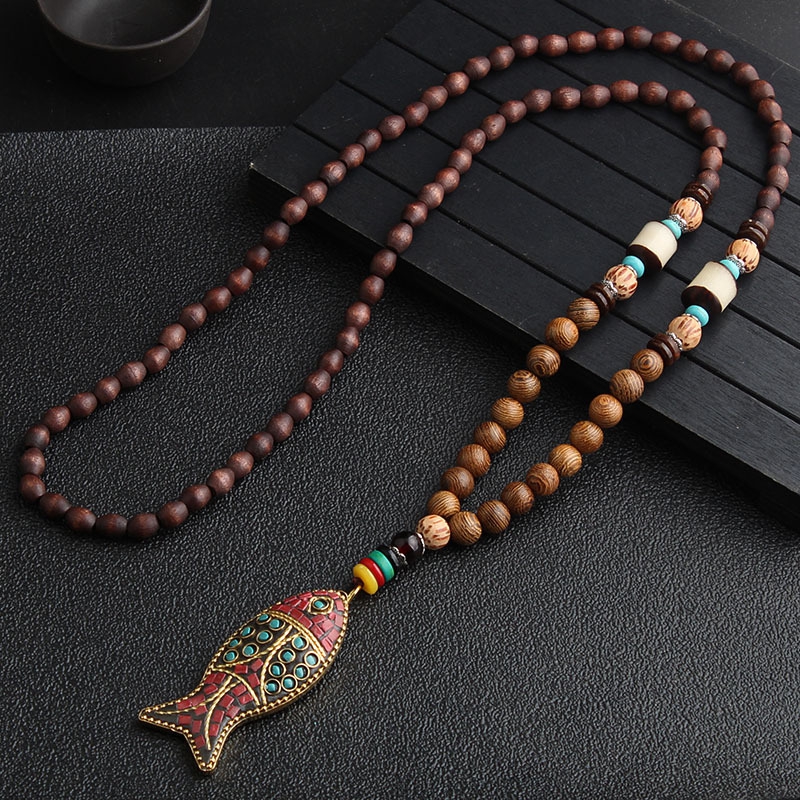 TEMU Collar con colgante de cuentas de madera a , cadena para ropa de pelo largo, joyería bohemia , regalo, conmemoración de aniversario de Navidad