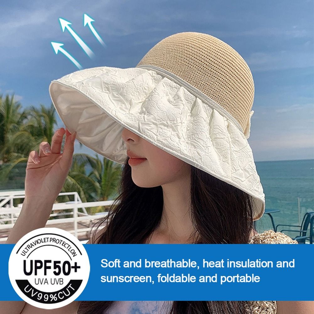 Wide Brim Stitching Bucket Hat UV Protection Solid Color Soft Foldable Sun Hat, Bucket Hats Elegant Women Sunscreen Beach Hats,Temu