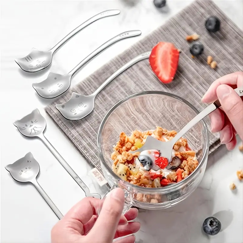 Cute Cat Face Stainless Steel Spoon Set - Perfect For Soup, Coffee