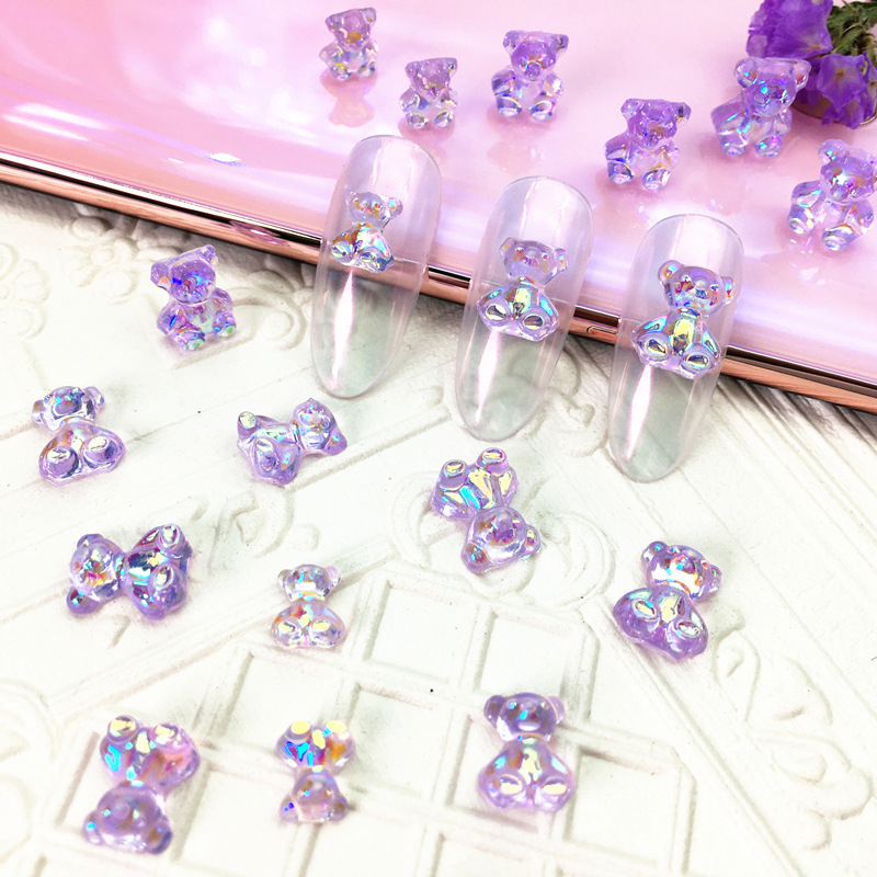 50Pcs 3D Cute Bear Resin Nail Art Decorations Aurora Rhinestone