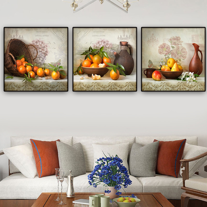 JiazuGo Kitchen Wall Decor Canvas Art for Dining Room Vintage Theme Fruit  Pictures Farmhouse Rustic Signs Paintings Bar Accessories Realism Colorful