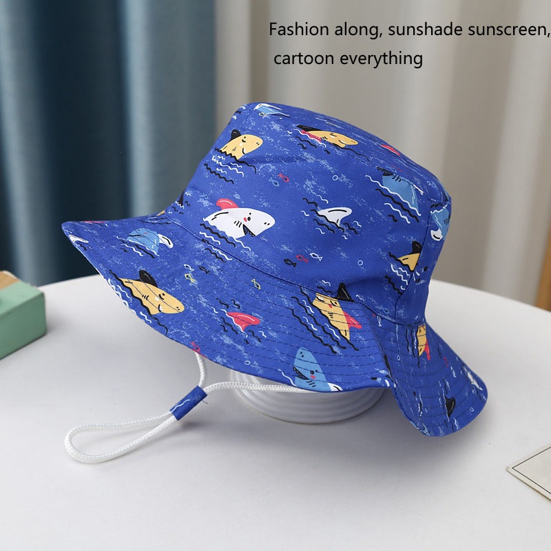 Boys and Girls Cute Cartoon Pattern Hat, Breathable Drawstrings Wide Brim Sun Protection Bucket Hat Fisherman's Hat for Outdoor Traveling Beach
