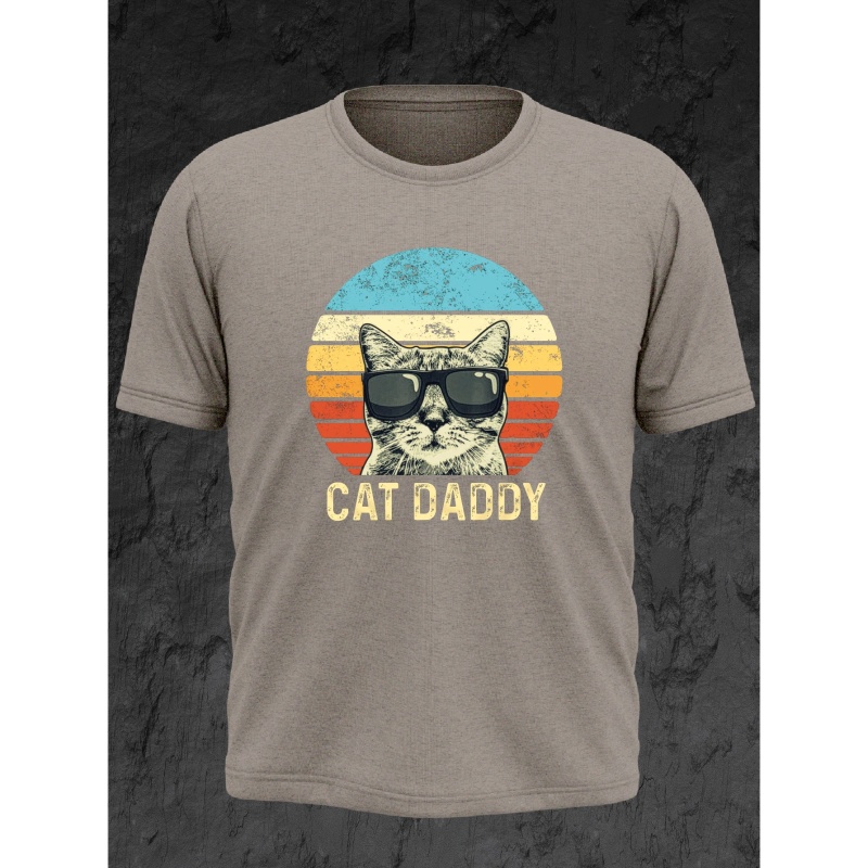 

Plus Size Men's Casual Graphic Tees For Summer, "cat Daddy" Print Crew Neck Oversized T-shirts, Trendy Chic Outfit Men's Clothings