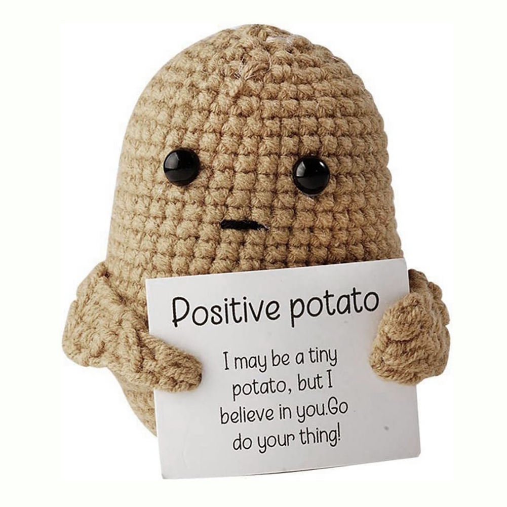 Funny Positive Potato, Cute Crochet Positive Potato Doll with Positive Card  and Wooden Base, Soft Wool Knitting Emotional Support Positive Life Potato