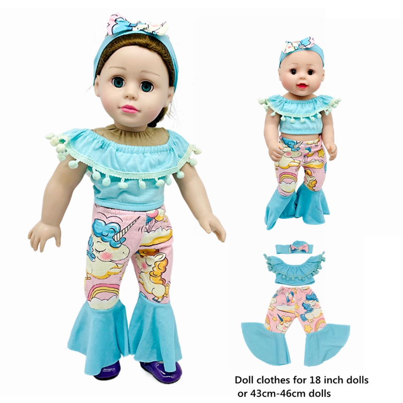 

18 Inch Doll Clothes Accessories Off Shoulder Wool Ball Tops And Printed Pants With Headbands Fits 43cm New-born-baby-doll, Bitty-15-inch-baby-doll, American-18-inch Doll (not Included Doll And Shoes)