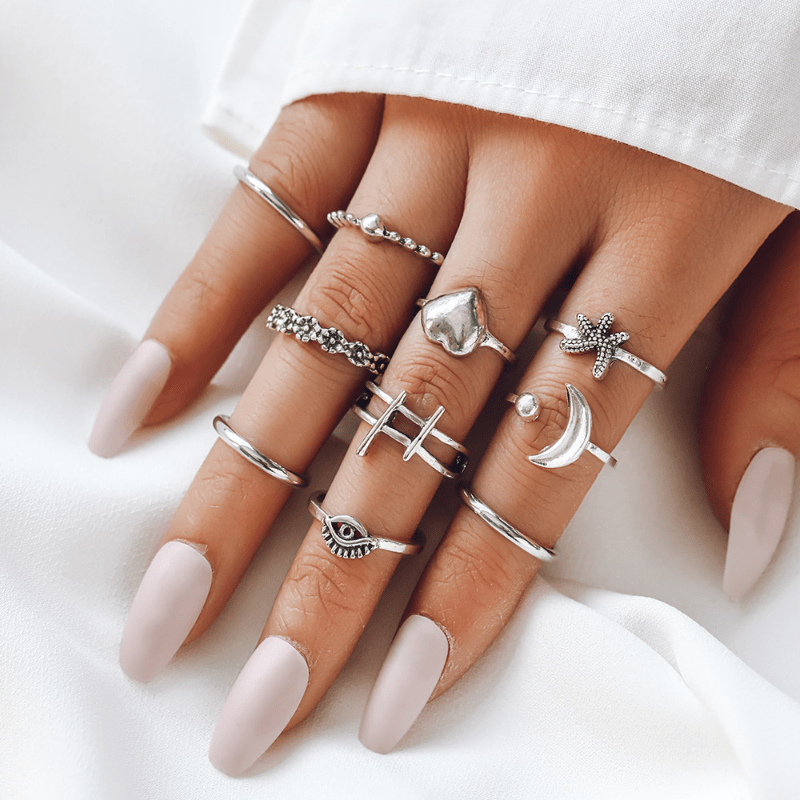 Boho silver deals ring set