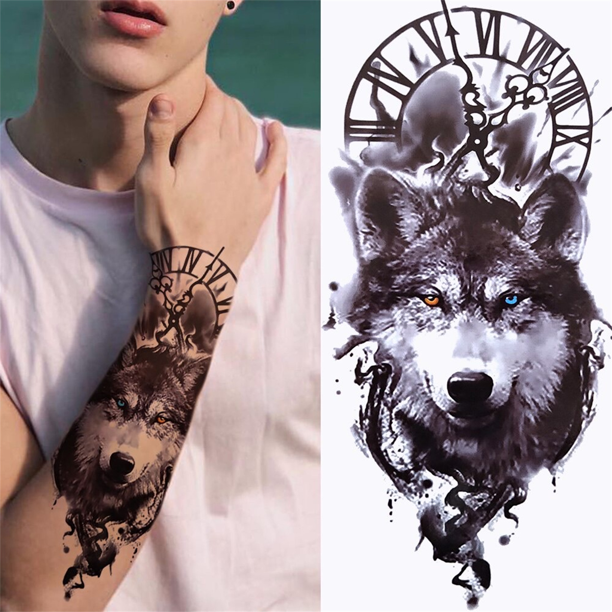 Waterproof Wolf And Clock Pattern Temporary Tattoo Sticker - Long Lasting And Easy To Apply