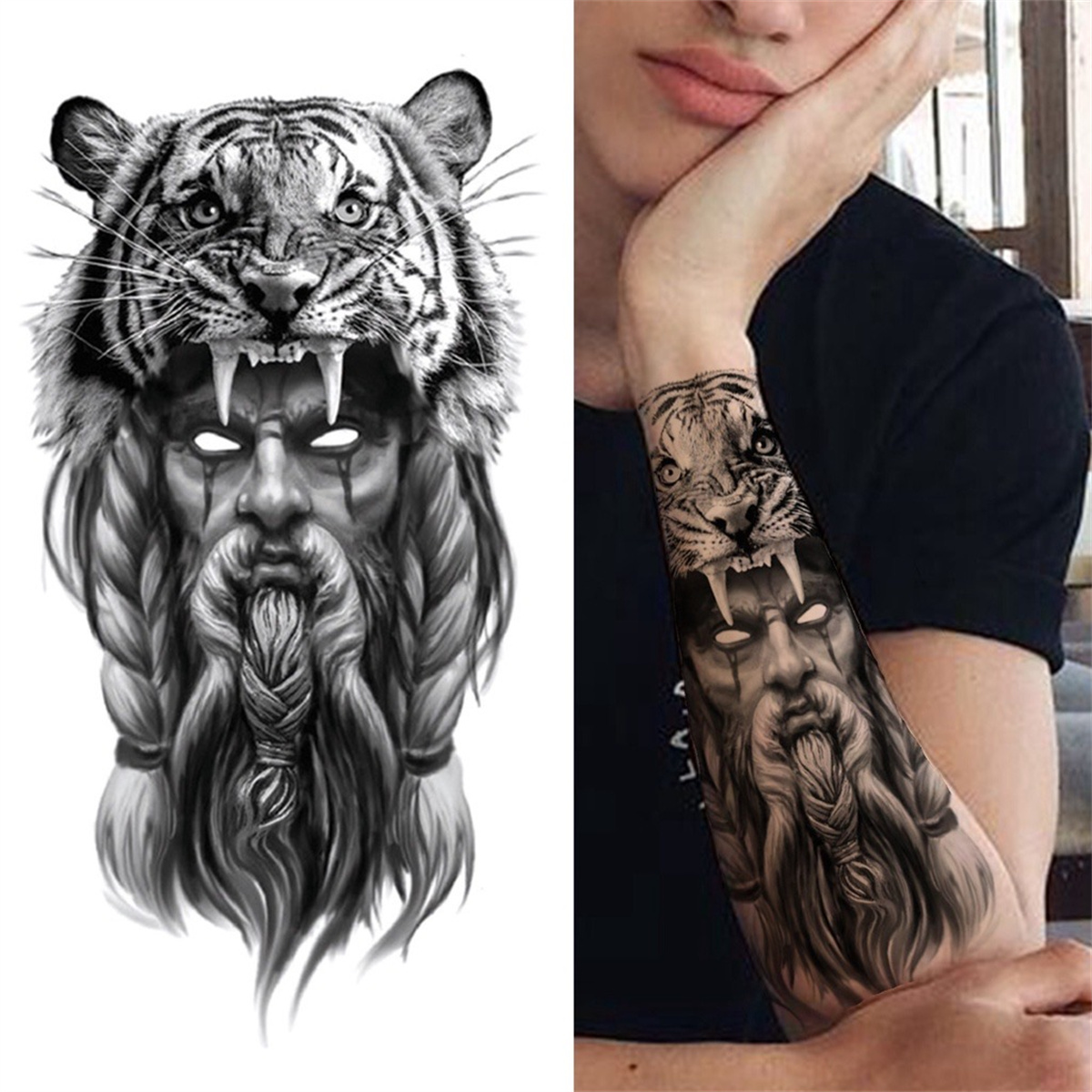 1 Sheet Waterproof Man With Tiger Headgear Tattoo Sticker - Long Lasting Temporary Arm, Leg, And Body Art Tattoo