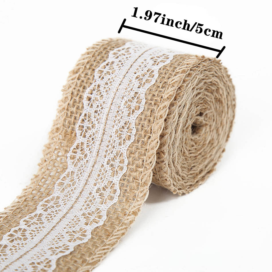 2M/Roll 5CM Natural Jute Burlap Rolls Hessian Ribbon with Lace Vintage  Rustic wedding Decor Ornament Party DIY craft Supplies