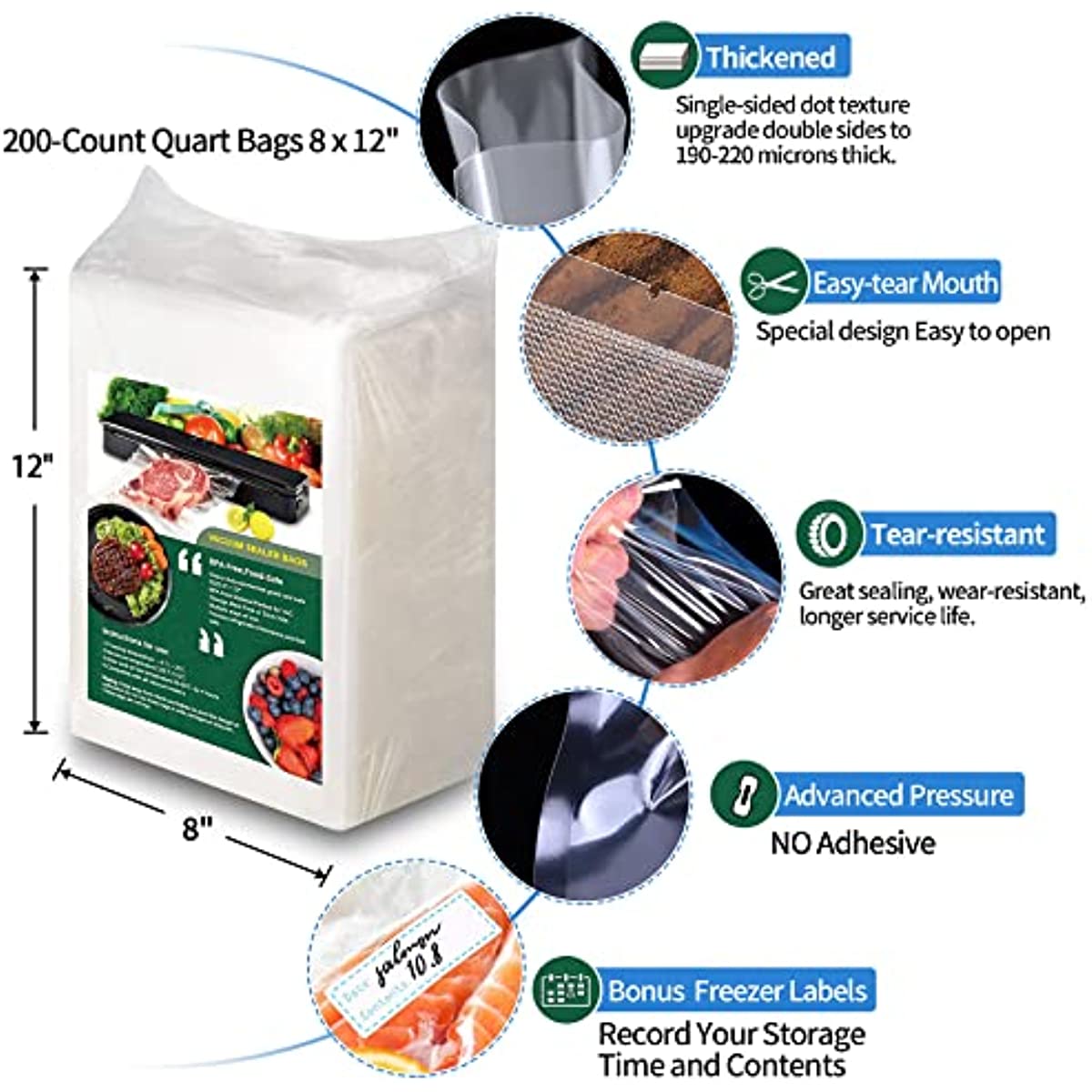 100pcs Vacuum Seal Bags Quart ''8x12'' Food Saver Vacuum Sealer Storage Bags