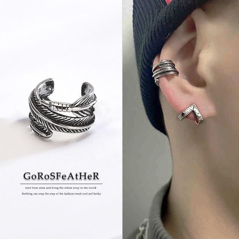 Men's Vintage Silver Ear Cuff with Feather Design