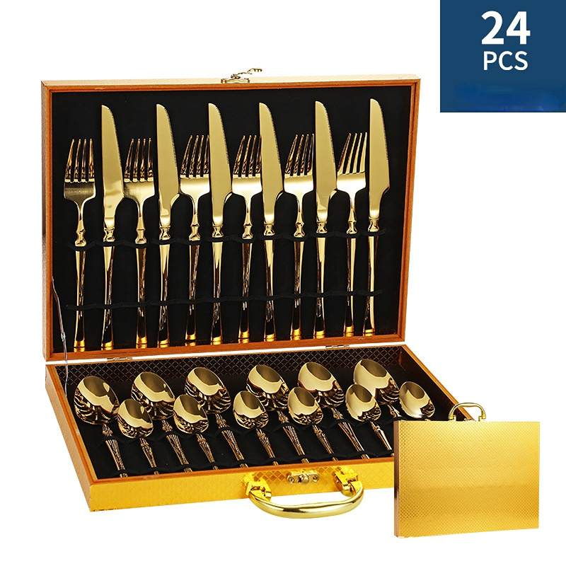 24pcs/set Simple Gold & Black Mini Portable Cutlery Set, Stainless
