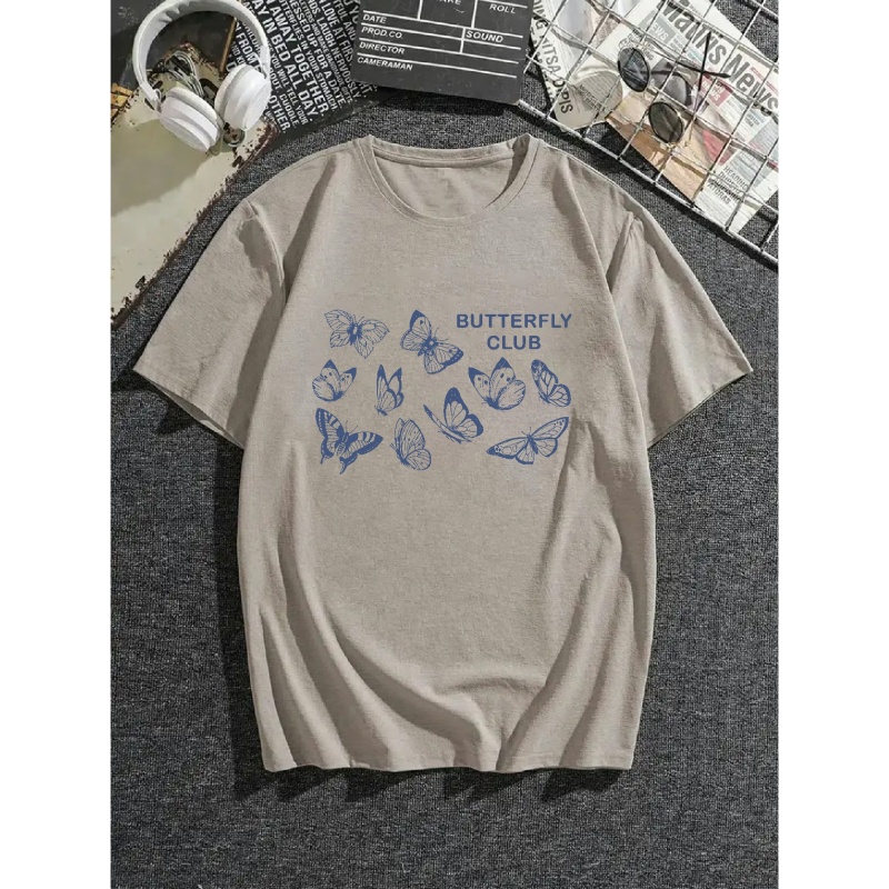 

Plus Size Men's Casual Graphic Tees For Summer, Trendy Butterfly Club Print Oversized T-shirts, Chic Outfit Men's Clothings