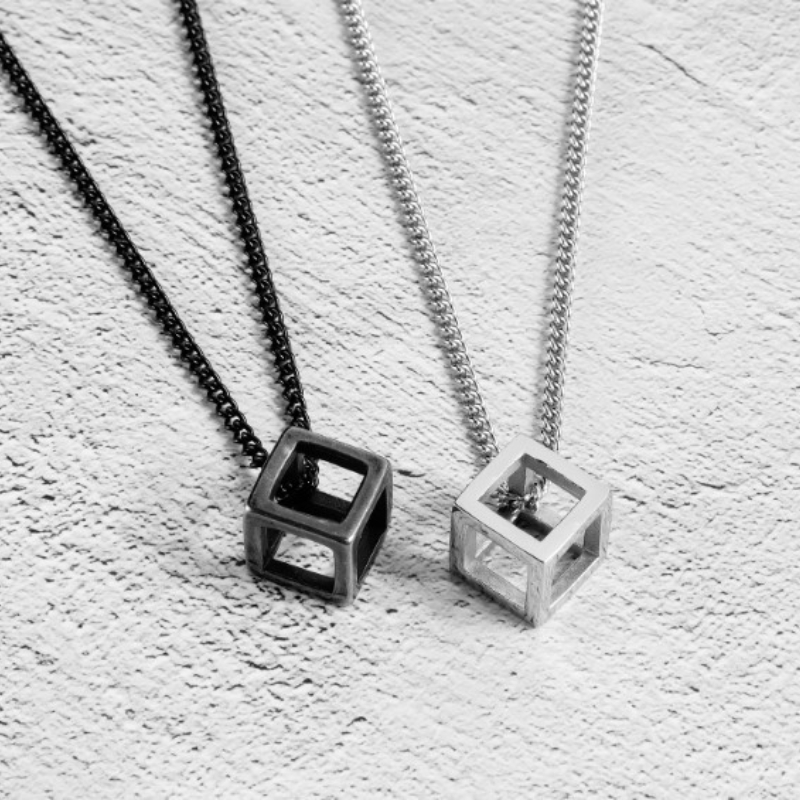 Black Square Cube Pendant Necklace for Men