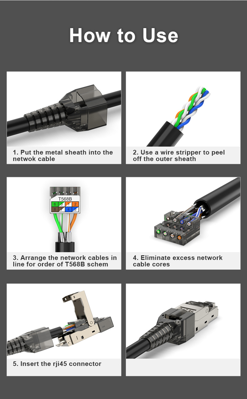 RJ45 Cat7 Connector Tool-Free Toolless RJ45 Termination Plug Reusable  Shielded for Ethernet Cables 10Gbps POE 4 Pack
