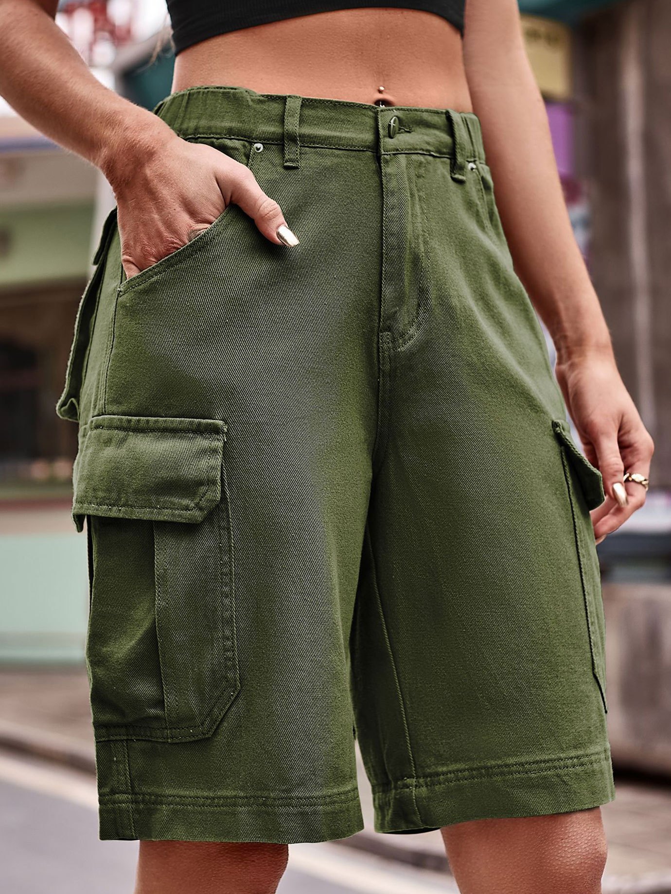 Army Green Cargo Denim Shorts Flap Pockets Straight Legs - Temu