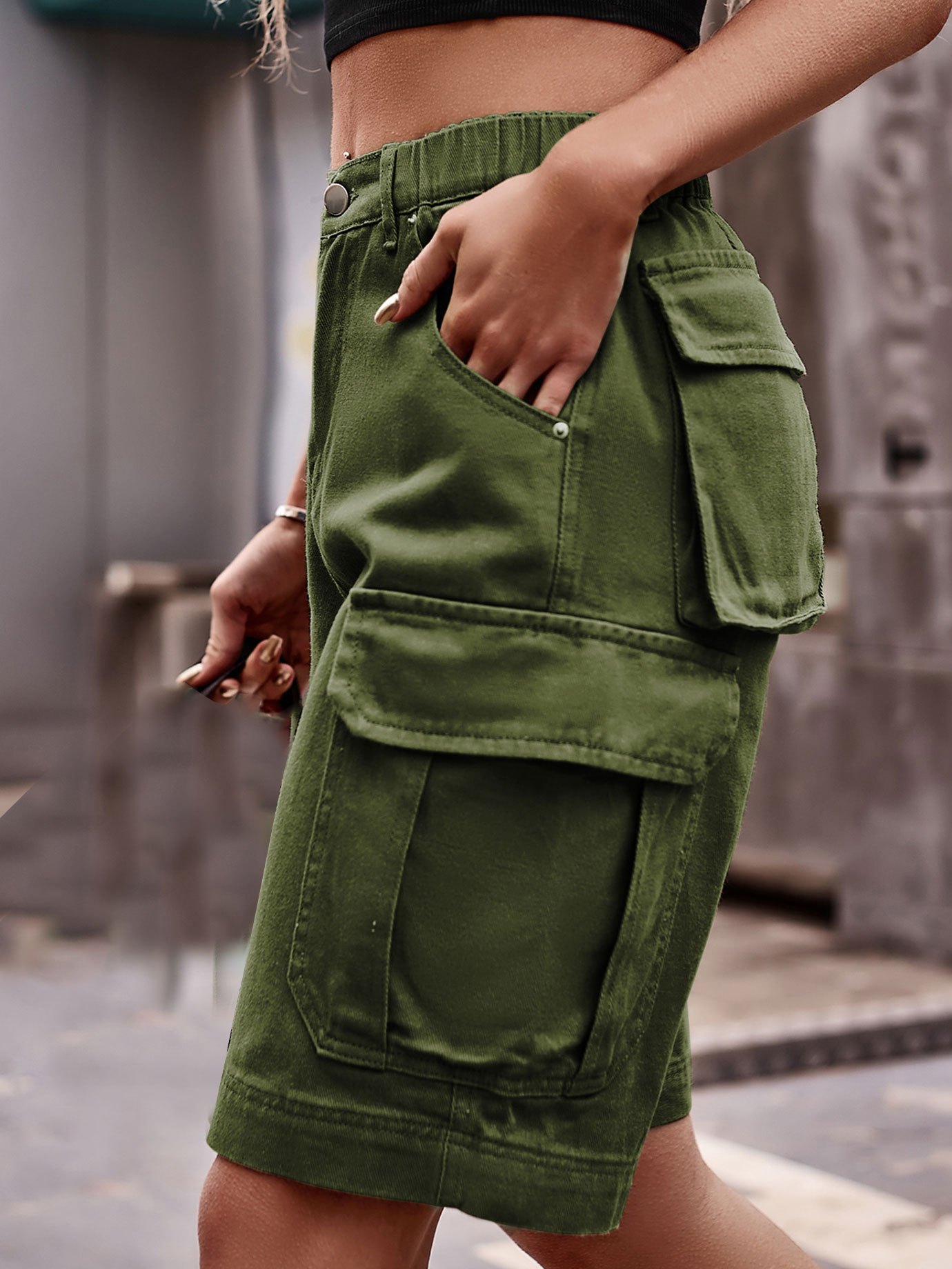 Pantalones cargo sueltos de color verde militar, bolsillos con solapa,  jeans rectos de estilo Y2K y Kpop sin elasticidad, jeans de mezclilla y  ropa